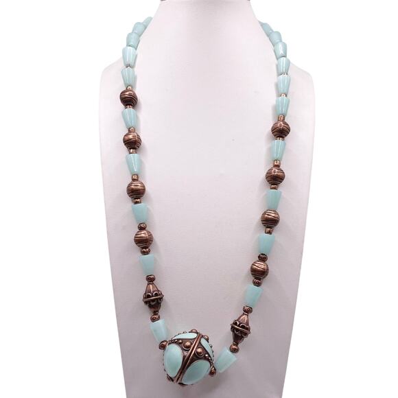 Vntg Handmade Amazonite Gemstones Necklace 18”with Enamel Pendant and Earrings - Picture 2 of 8